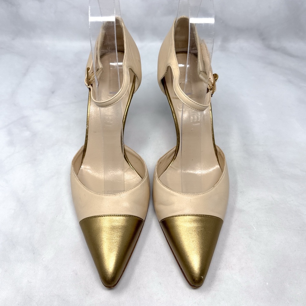 CHANEL CC Vintage 90s Y2K leather Cap Toe Mid Height Heels Pumps Gold Retro 38